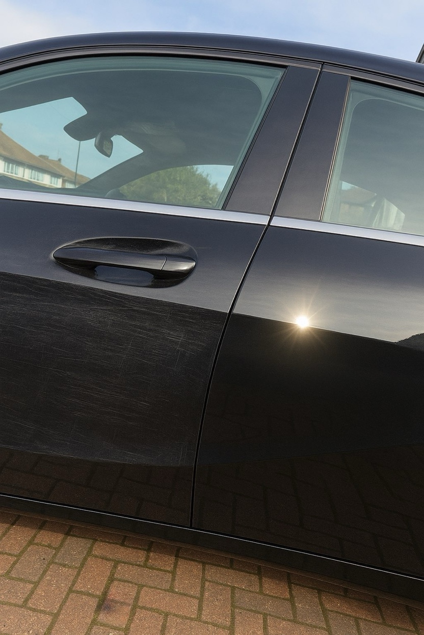 50/50 of badly scratched up paint and a flawless finish after a paint correction by Elite AutoCare in Croydon