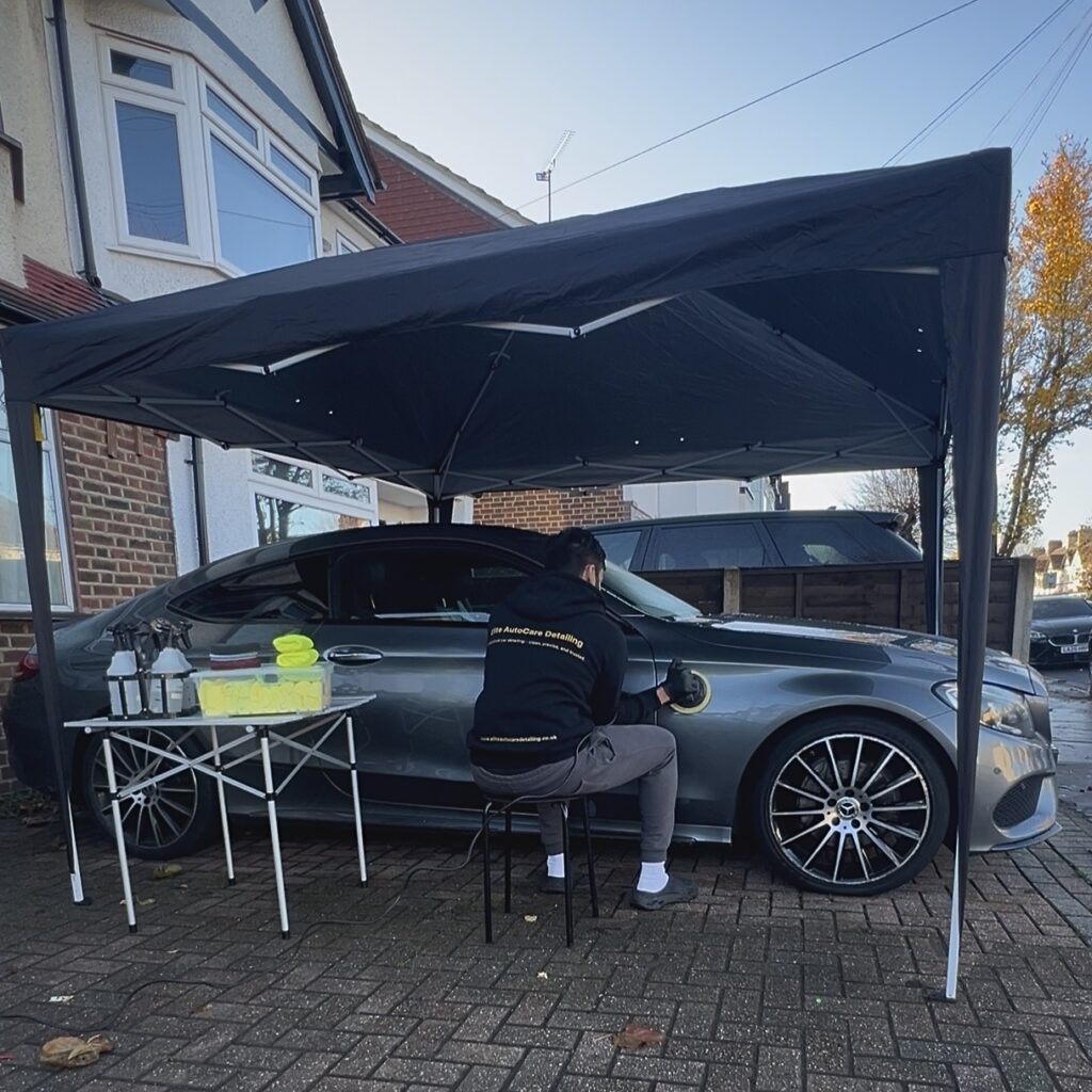 View of a Mercedes-Benz receiving a detail with a professional set-up by Elite AutoCare in Croydon 